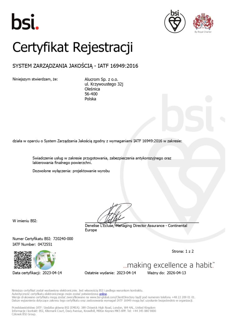 IATF 16949, certyfikat jakościowy, malowanie dla Automotive, malowanie dla branży motoryzacyjnej